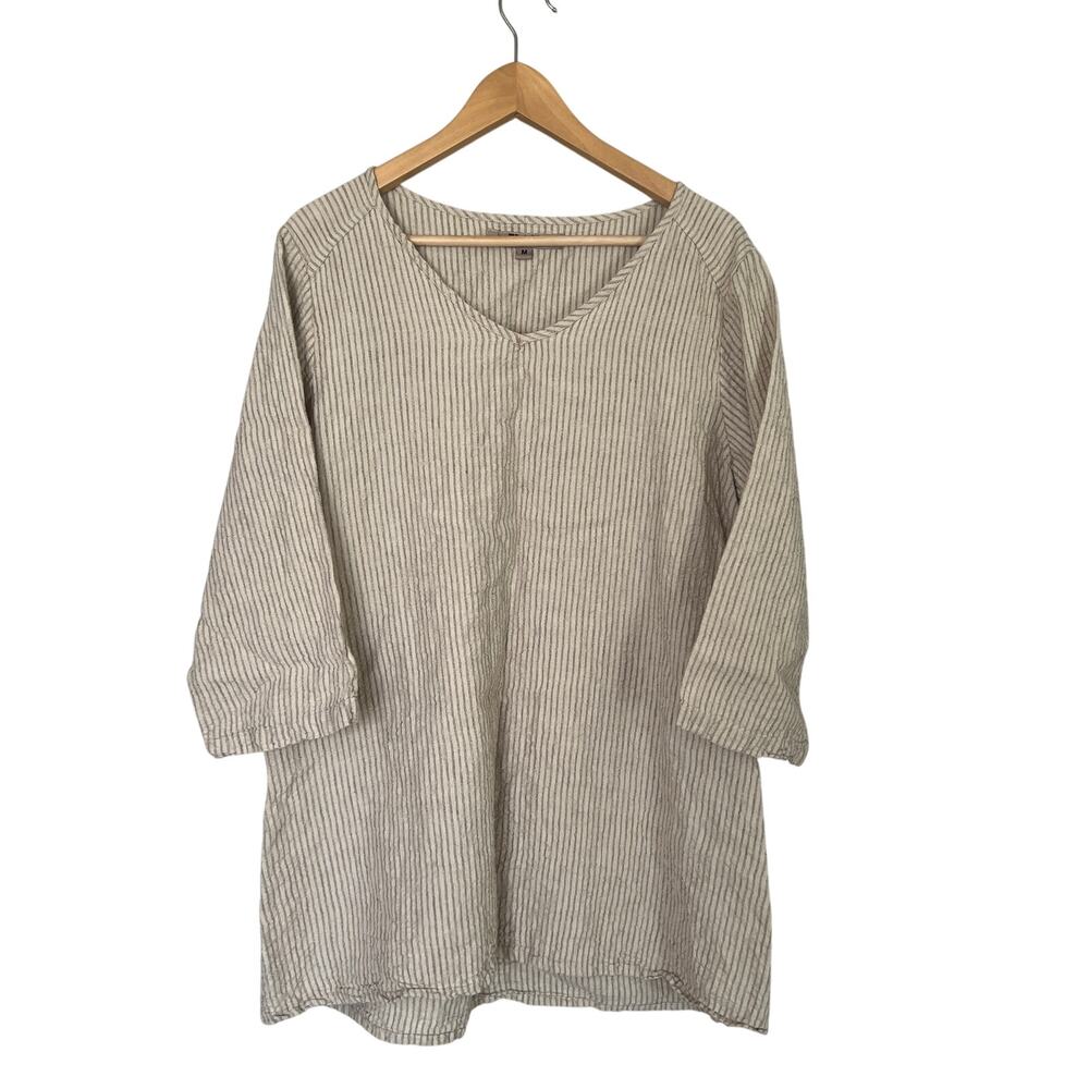 FLAX Tunic Top Shirt Women's Size M Beige Gray Striped 100% Linen Long Sleeves